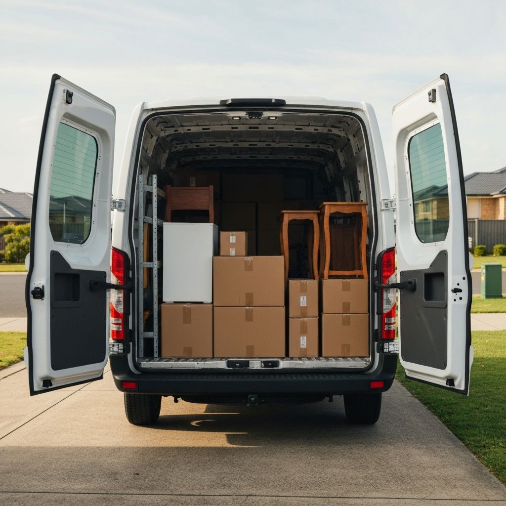 Man On A Van cargo van with open rear doors showing packed furniture and boxes